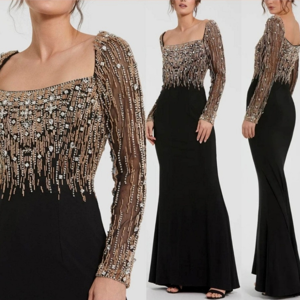 Black Beaded Square Neck Long Sleeve Jersey Gown